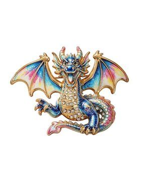 Blue Pink Purple Enamel & Crystal Glittery Dragon Brooch Gold Tone